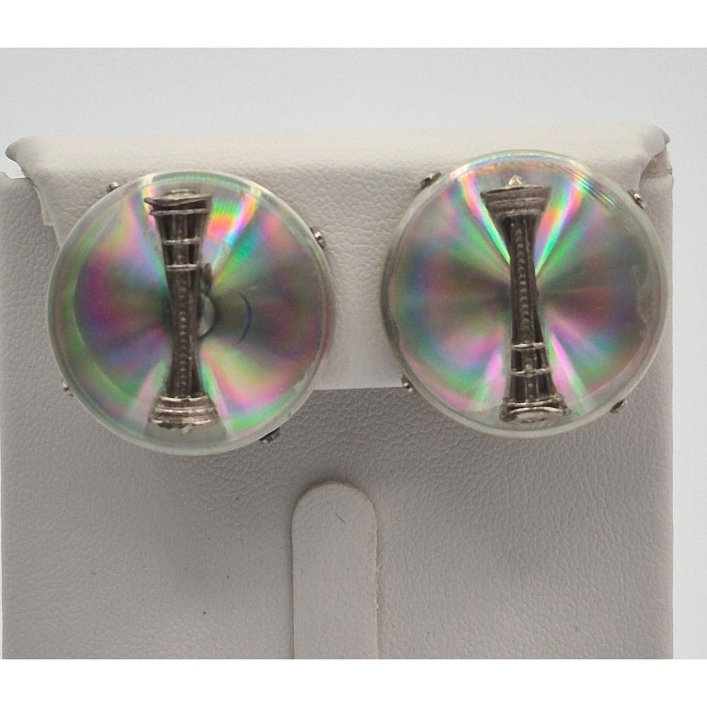 Vintage Clip On Earrings Space Needle Seattle Iridescent Silver Tone Souvenir